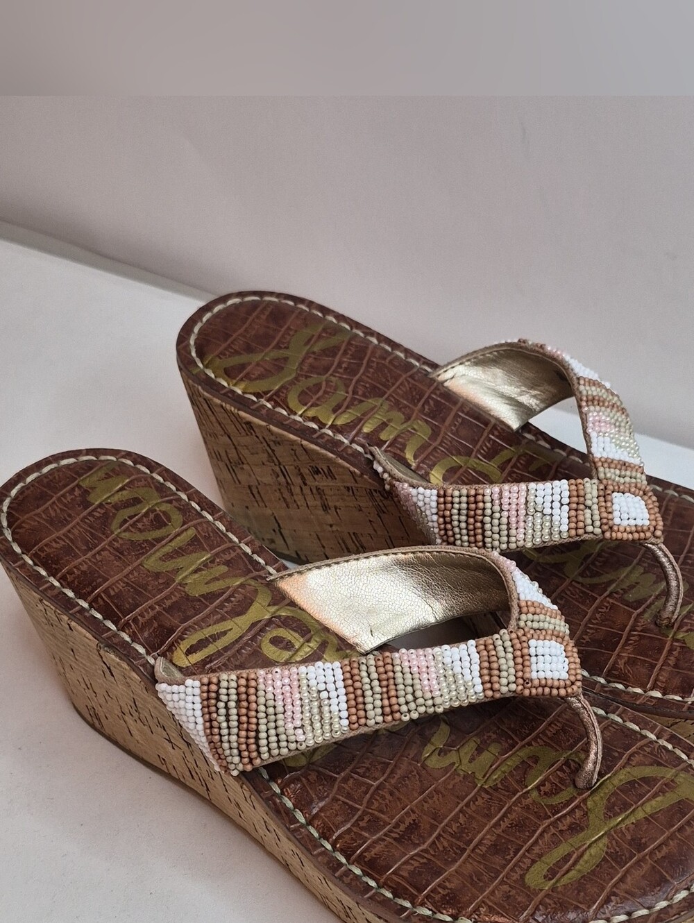 Sam Edelman Beaded Cork Wedge Sandals - Pink, Cream, Tan Size 6